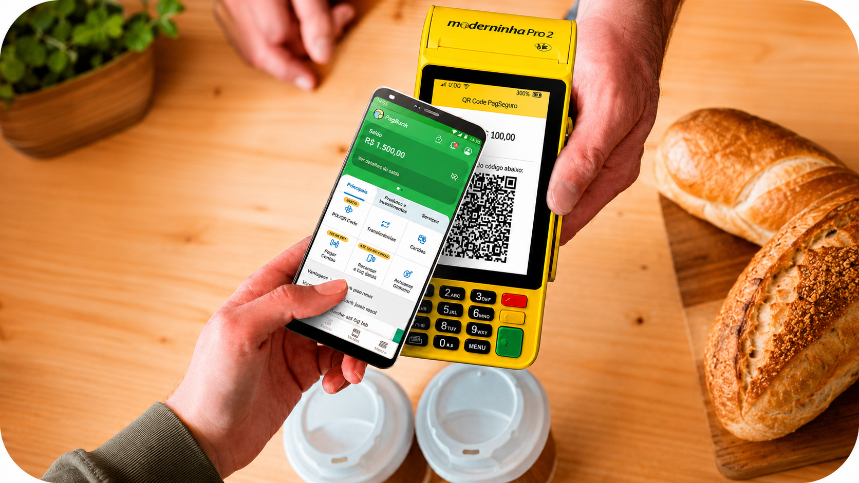 PagBank: app e maquininha Moderninha Pro 2 em uso
